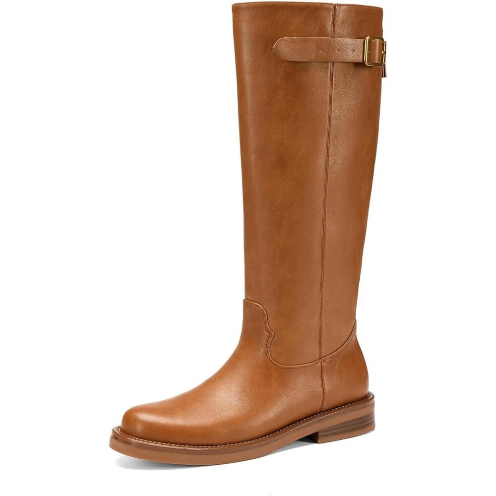 Women's Brown Chunky Square Toe Tall Boots low Heel Zipper Knee High Boots